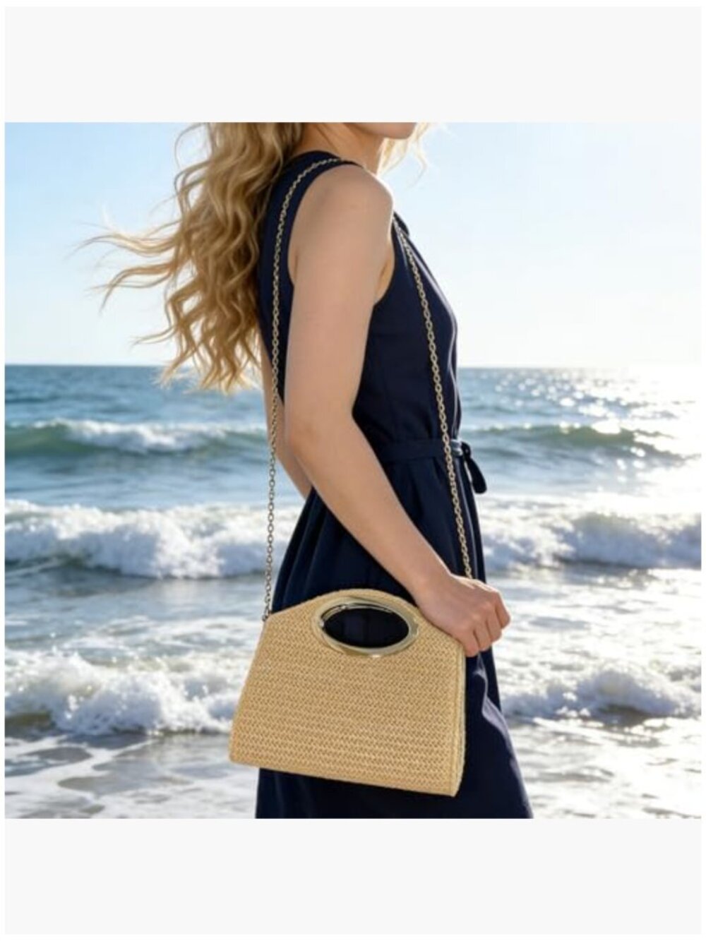 Woven Straw Clutch with Gold Chain, Top Handle Evening Bag - Picture 2 of 7